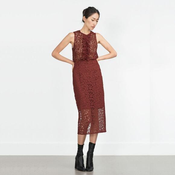 Zara Dresses & Skirts - 2/$30 ZARA Guipure Lace Crochet Pencil Skirt XS Terracotta Back Slit Midi #6361